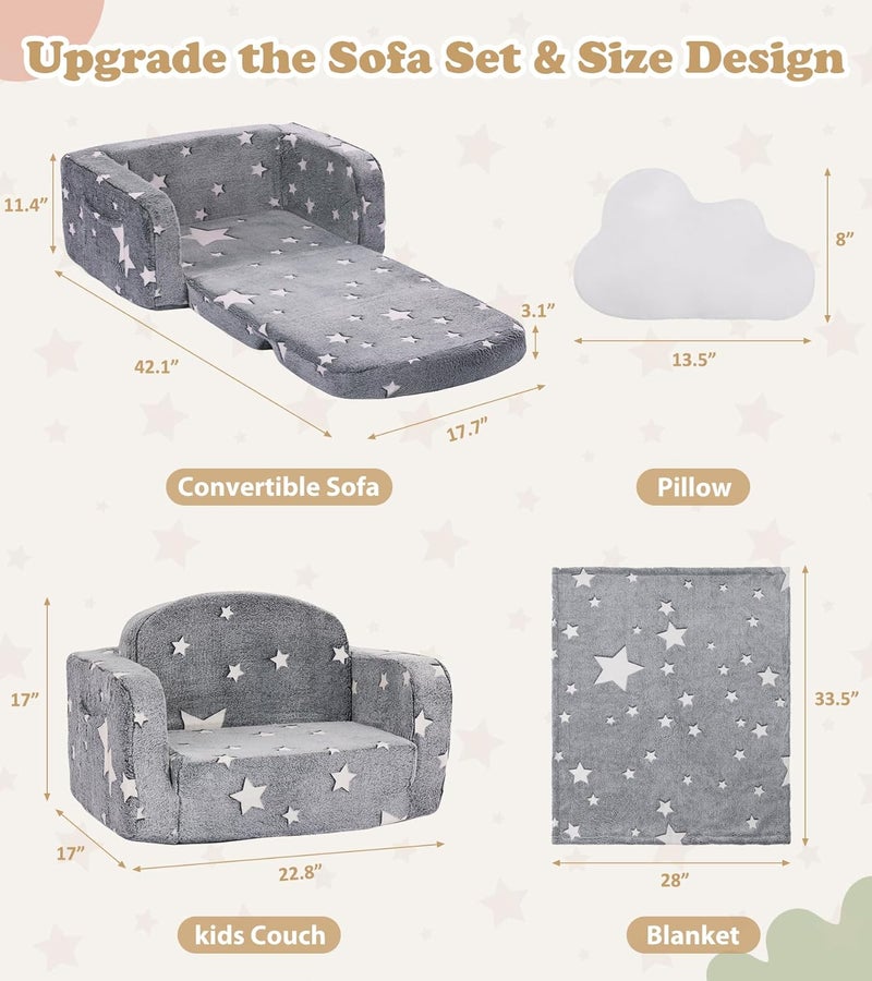 Foryoomi Kids Couch, 2-in-1 Soft Toddler Couch Fold Out with with Blanket and Cloud Pillow, Glow in The Dark, Toddler Chair Comfy, Convertible Sofa, Gifts for Kids Girl Boys, Medium Grey Star - Image 3